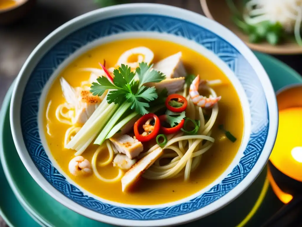 Un tazón humeante de Laksa con capas de leche de coco, aceite de chile rojo, hierbas frescas, langostinos y pollo, bañados en luz cálida