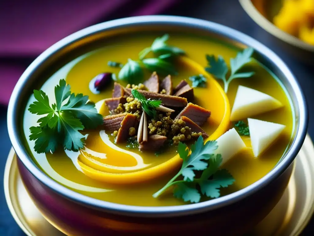 Un tazón humeante de sopa Mughal, con especias, hierbas y colores vibrantes