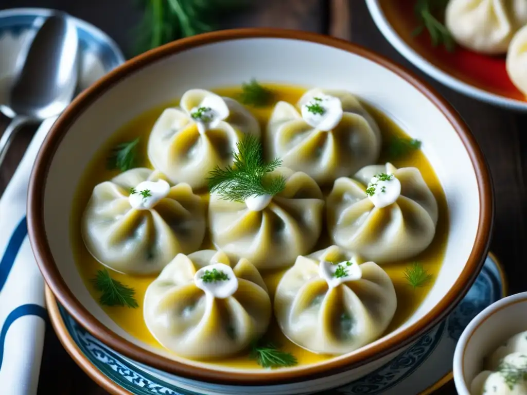 Un tazón humeante de Pelmeni, con enfoque detallado, decorado con eneldo fresco y crema agria