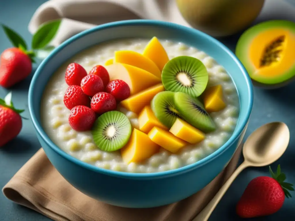 Un tazón humeante de porridge de sorgo con frutas coloridas, como mango, fresa y kiwi