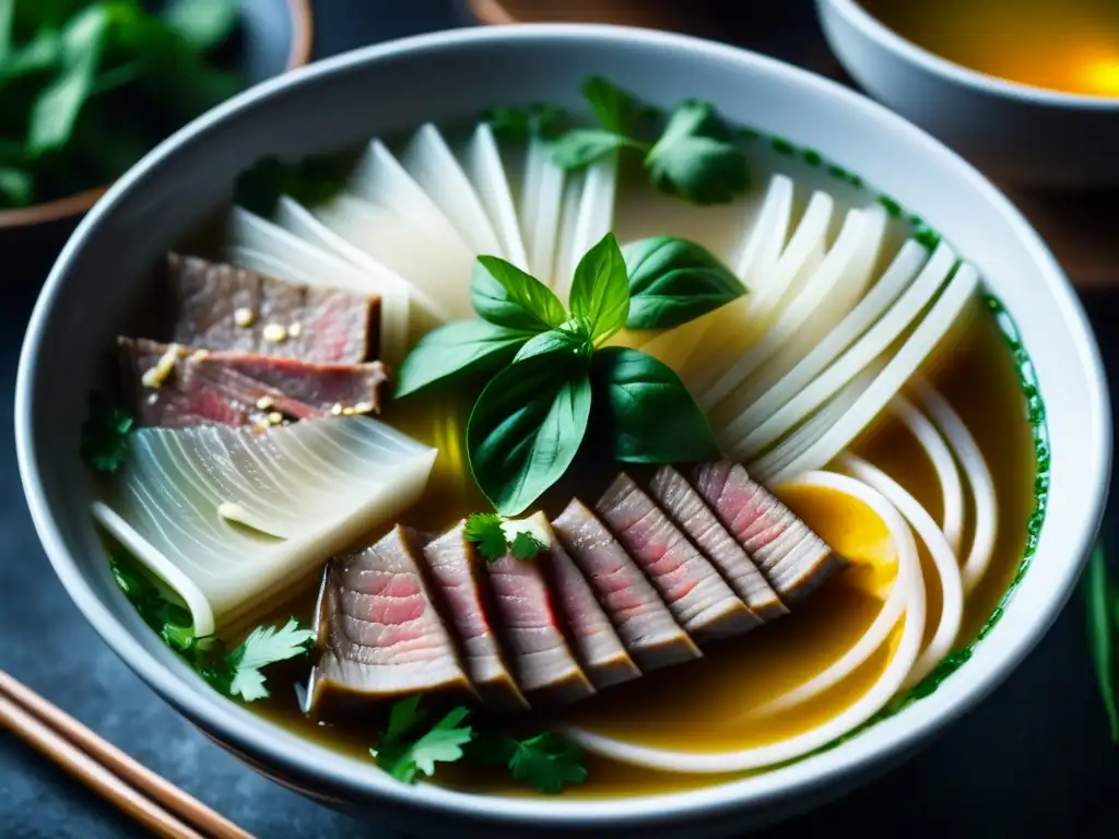 Un tazón humeante de Pho vietnamita con capas de fideos de arroz, carne y hierbas frescas