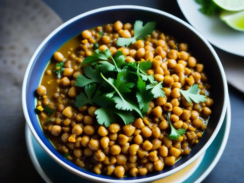 Un tazón de curry IndoChino fragante y colorido, con lentejas, garbanzos y especias, adornado con cilantro y aceite de sésamo