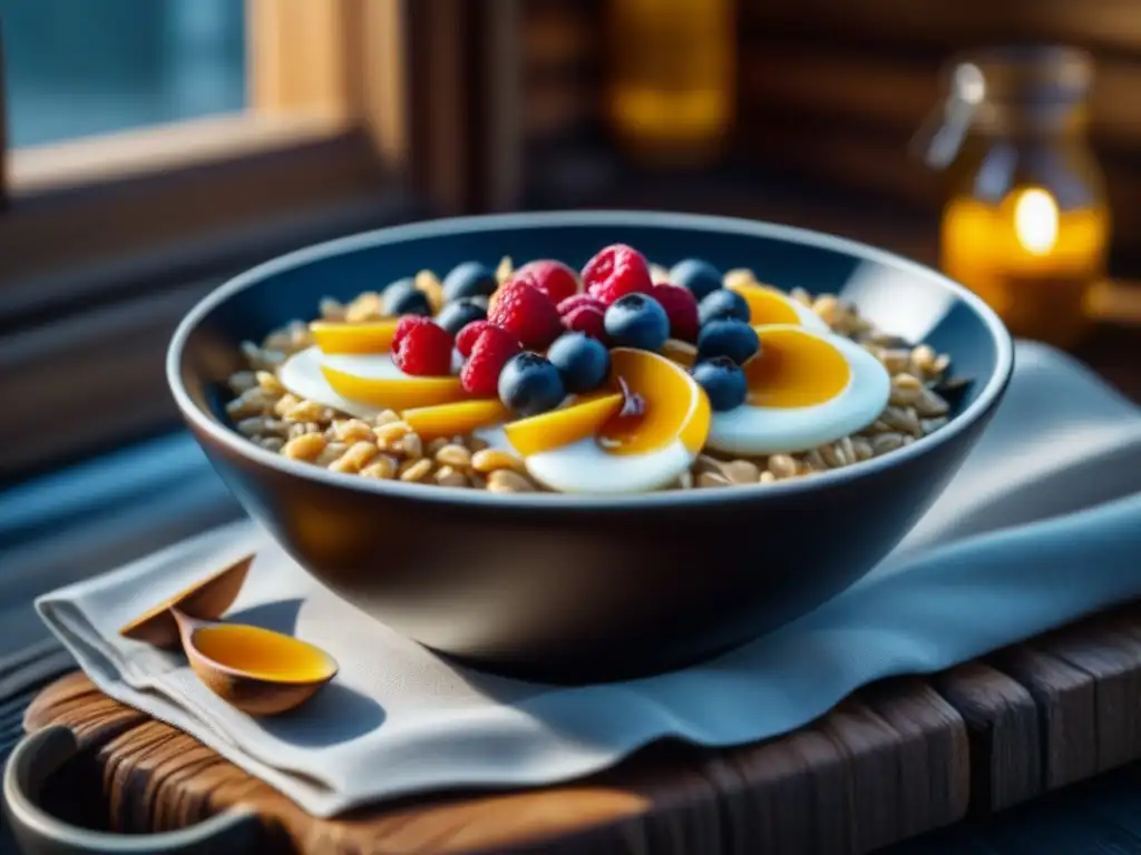 Un tazón de madera con deliciosa avena nórdica, frutos secos, bayas y miel dorada, en una cocina de cabaña acogedora