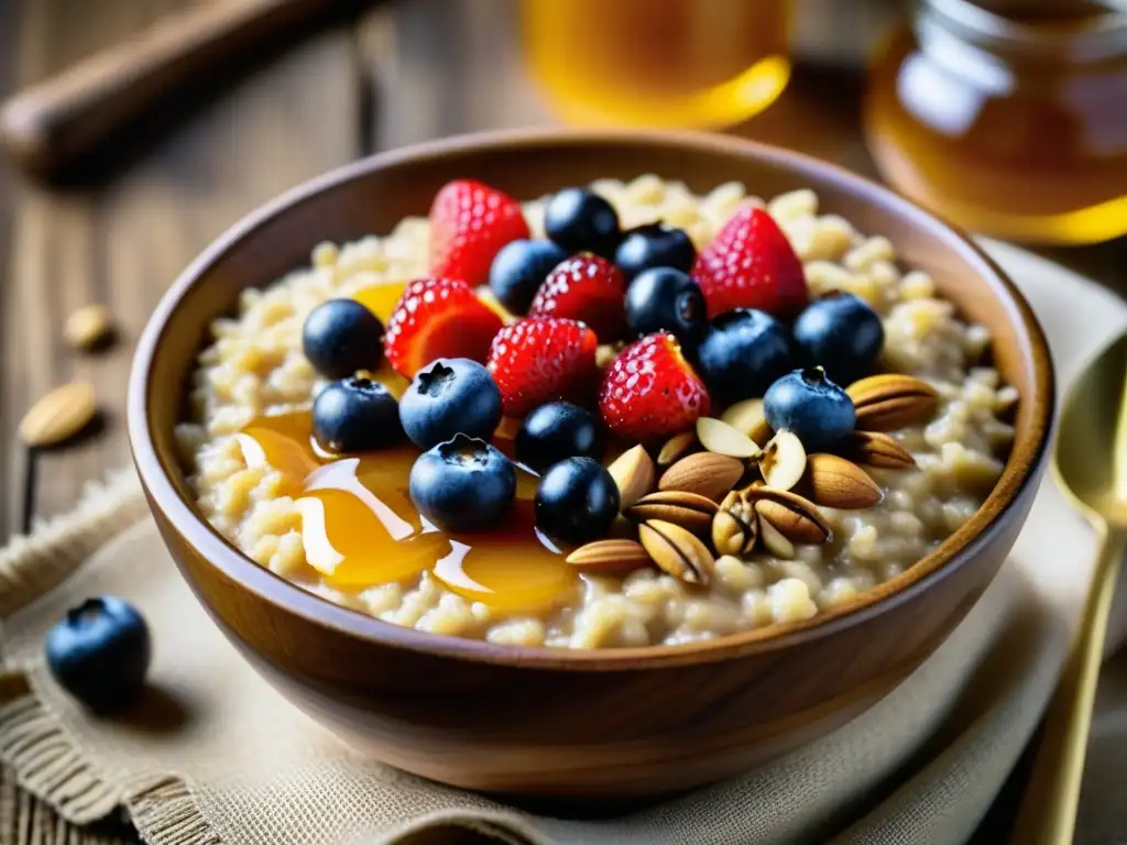 Un tazón de madera con gachas de avena, bayas frescas, nueces, miel, sobre mesa rústica