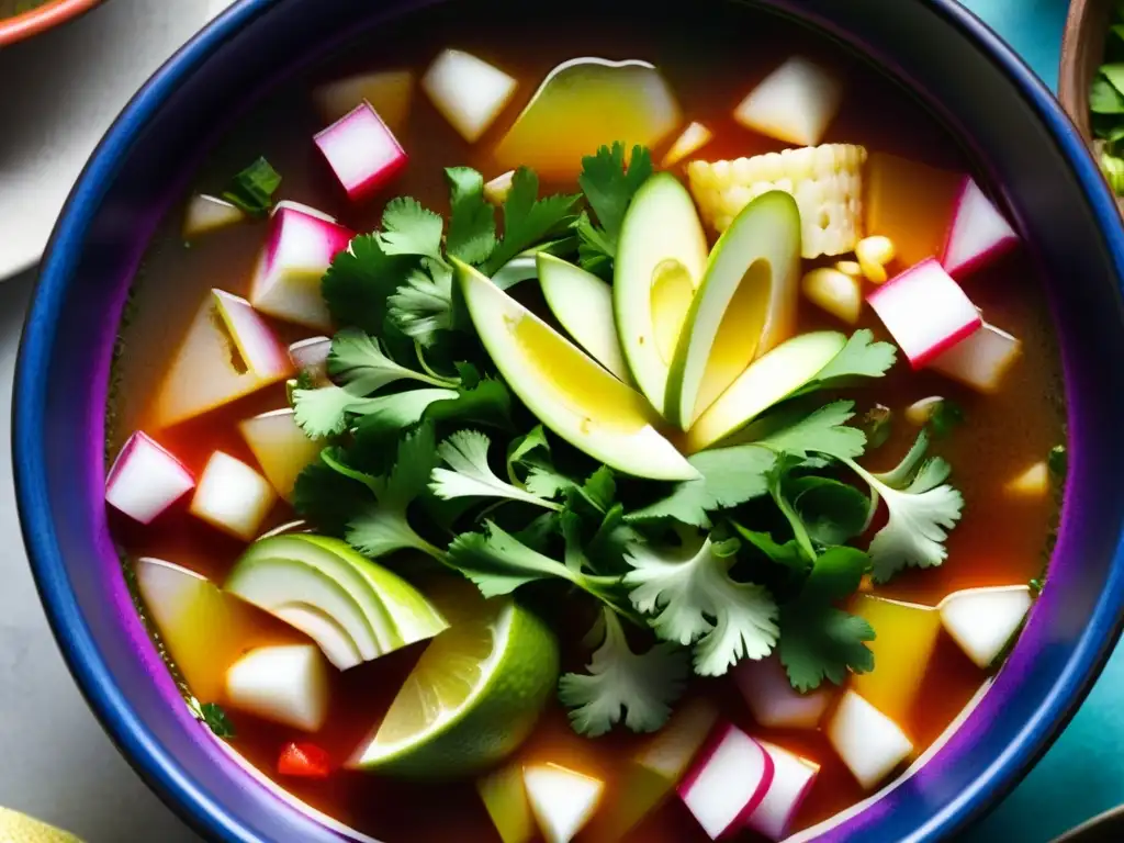 Un tazón de pozole rebosante de color y sabor, mostrando capas vibrantes de maíz, carne y guarniciones como rábanos, cilantro y limón