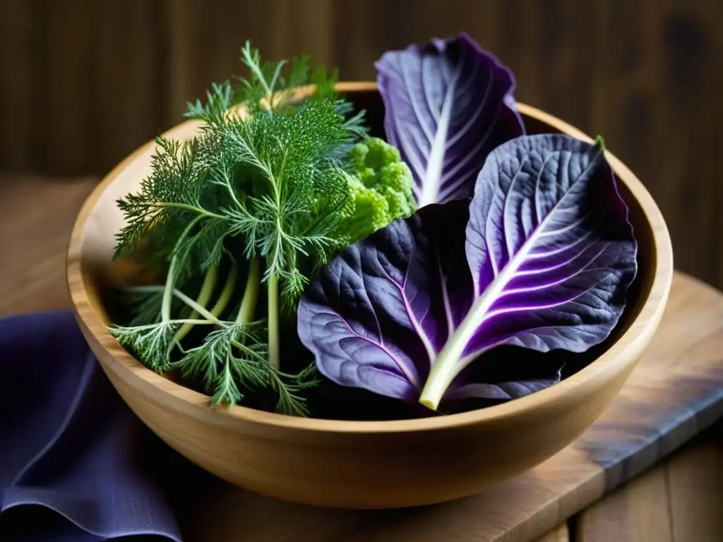 Un tazón rústico con vibrantes verduras y hierbas nórdicas, destacando texturas y colores