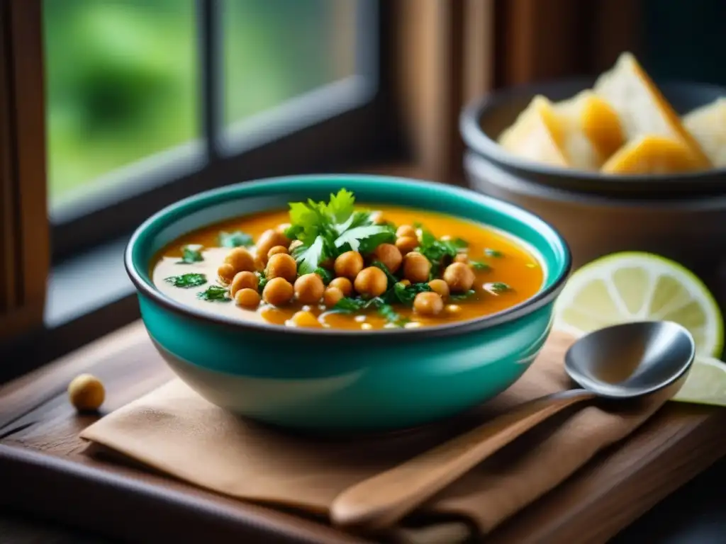 Un tazón de sopa Harira humeante con cilantro fresco y especias, mostrando sus ricos ingredientes y la luz natural cálida filtrándose por la ventana