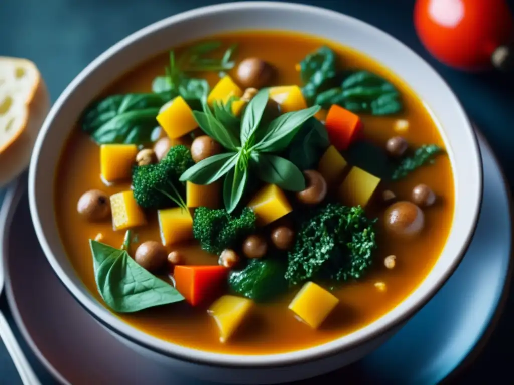 Un tazón vibrante de sopa saheliana, con granos, vegetales y especias, decorado con hierbas frescas y aceite de oliva