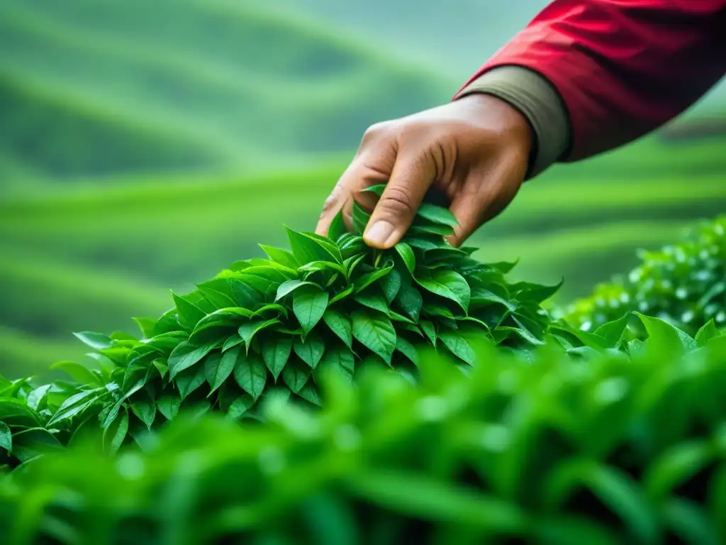 Un té especial siendo cosechado por un agricultor en una plantación verde, destacando la historia de las rutas comerciales del té