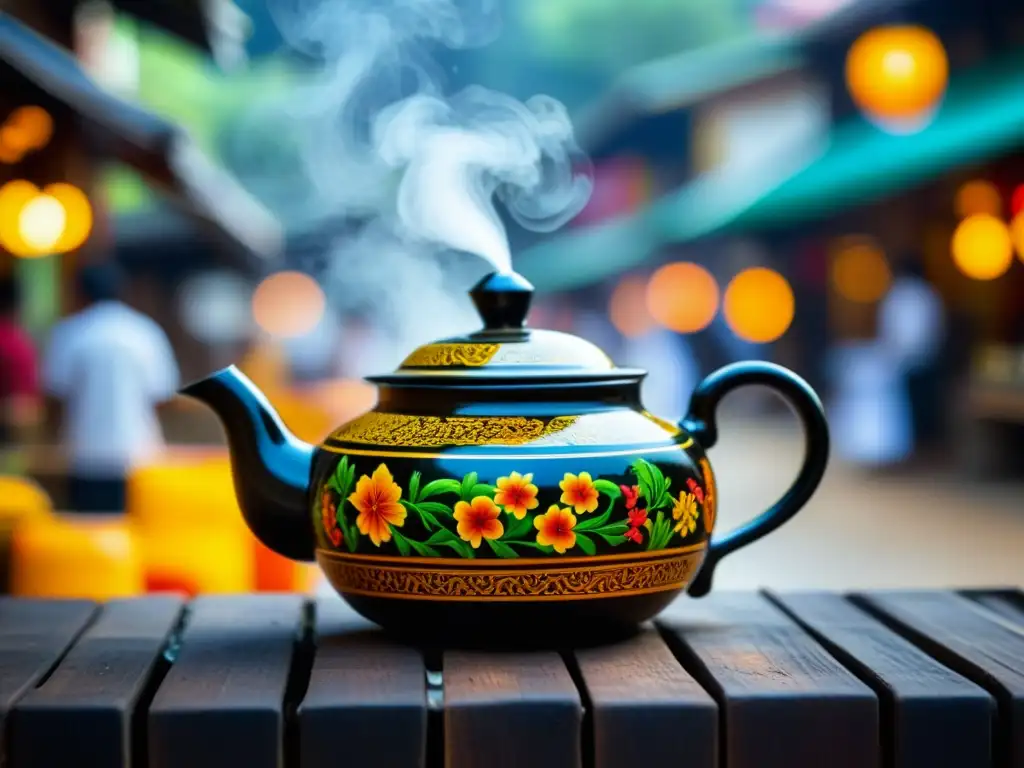 Teapot birmano detallado con diseños florales pintados a mano en mercado de té en Myanmar, historia té Birmania hospitalidad