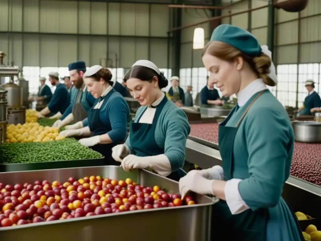 Revolución técnica en la historia de los enlatados: fábrica del siglo XIX con trabajadores sellando alimentos en lata