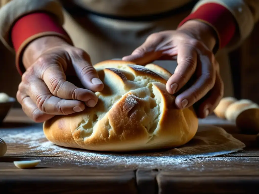 Técnicas ancestrales de panadería: manos arrugadas amasan masa rústica en mesa de madera