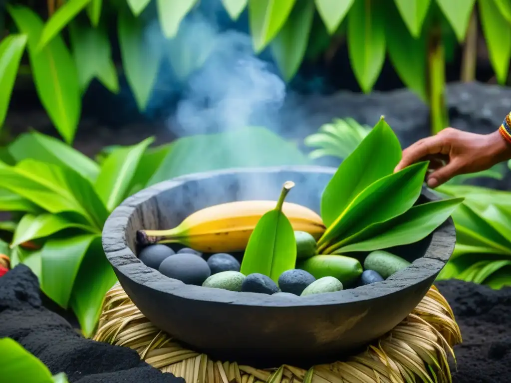 Técnicas de cocción en Micronesia: Detalles de un horno tradicional con piedras calientes y hojas de plátano, cocinando alimentos envueltos en hojas