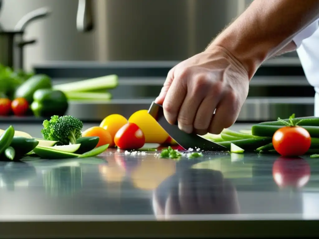 La transformación tecnológica en la cocina se refleja en las hábiles manos del chef cortando vibrantes vegetales