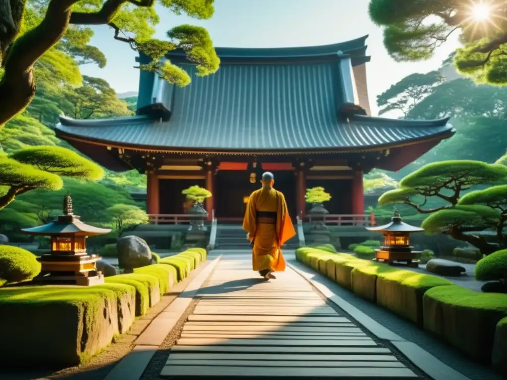 Templo japonés en bosque verde con monjes meditando