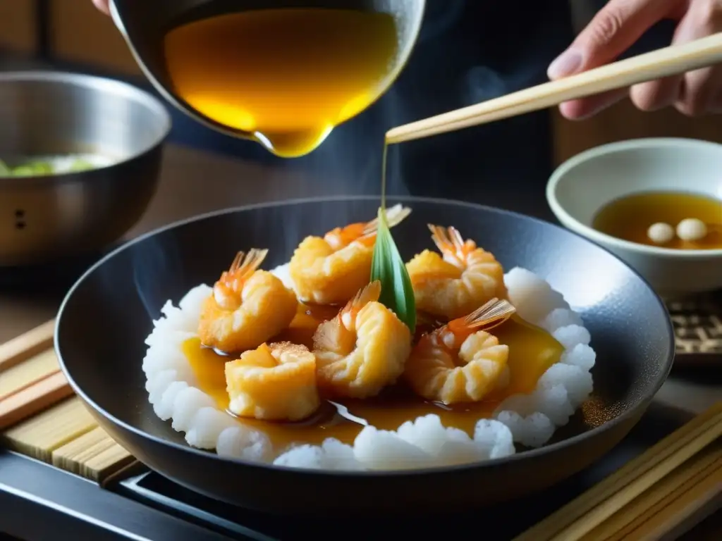 Un camarón tempura dorado y crujiente se levanta delicadamente de aceite burbujeante en una cocina japonesa de la era Kamakura