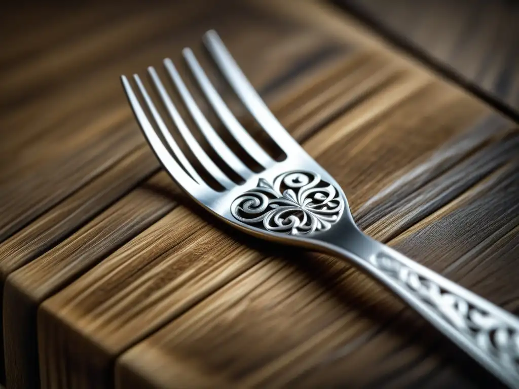 Un tenedor de plata en una mesa rústica, fusionando técnicas culinarias modernas con la artesanía danesa