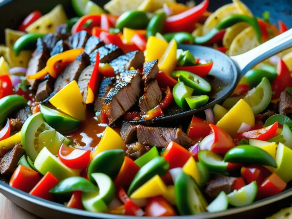 Un tentador drizzle de salsa roja sobre una sartén de fajitas, capturando la esencia de la cocina TexMex