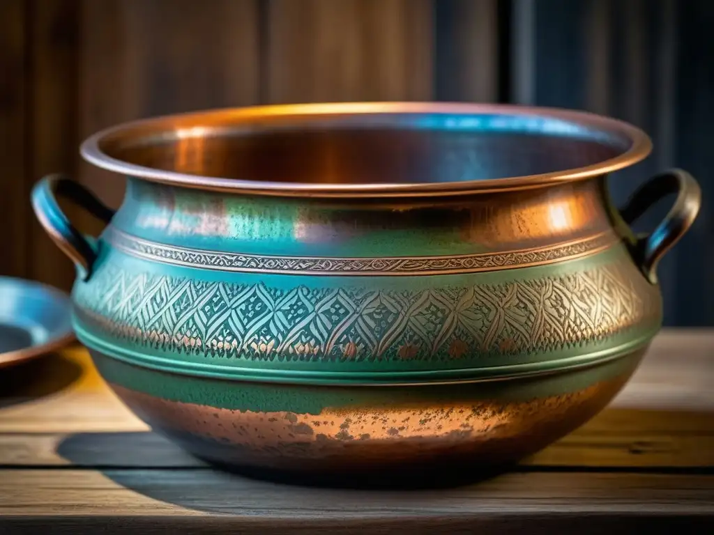 Un tesoro de cocina antigua: una olla de cobre desgastada con grabados detallados y pátina, en una mesa rústica iluminada suavemente