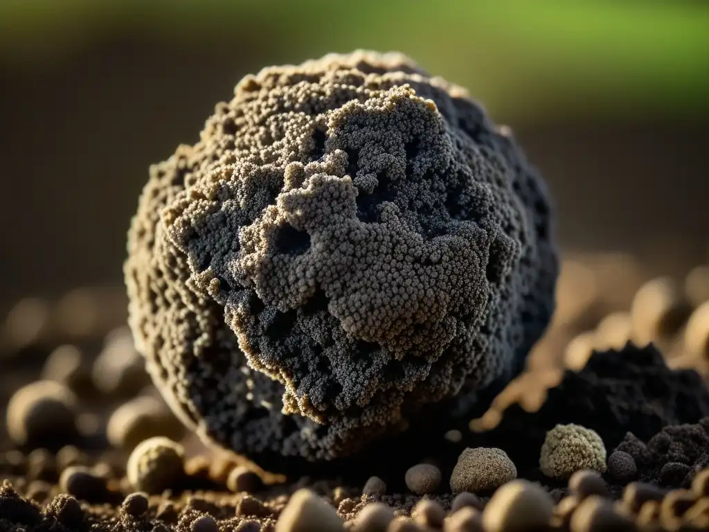 Un tesoro culinario: detalle de una trufa negra Perigord recién desenterrada, con tierra en su exterior y patrones únicos