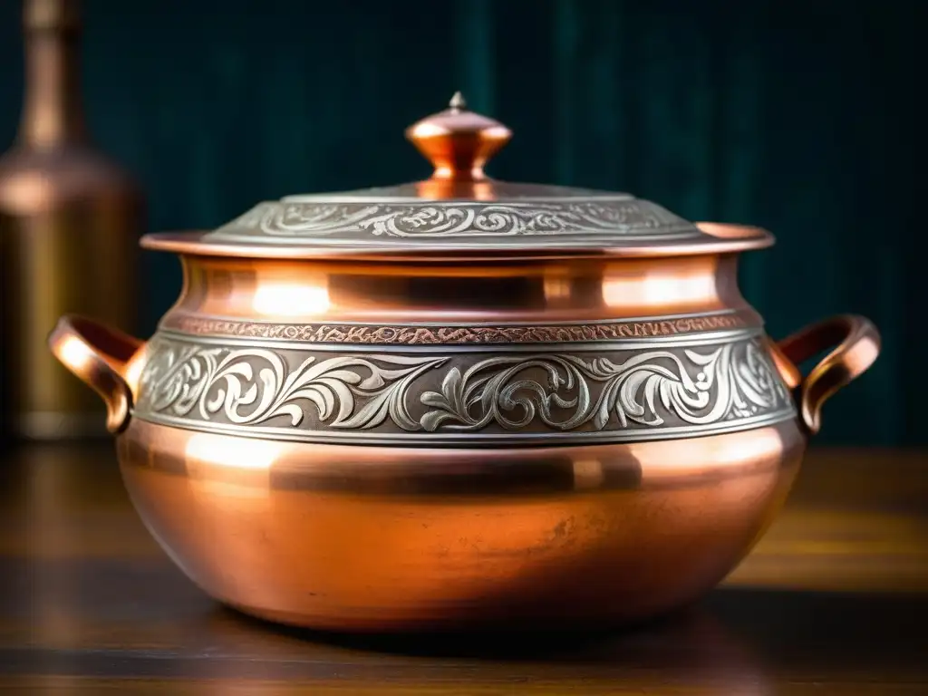 Un tesoro culinario: una olla de cobre del siglo XVIII con grabados y pátina, evocando historia y tradición