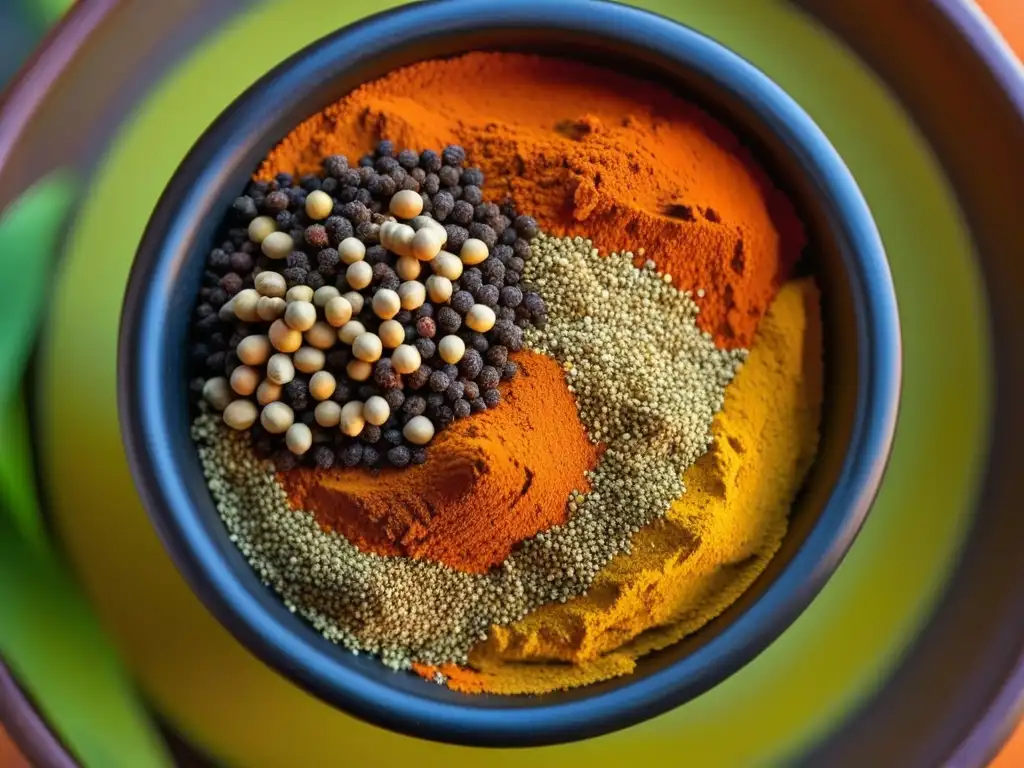 Delicias africanas: especias ancestrales en detalle Un tesoro de especias africanas en una vasija de barro, que resalta la rica historia culinaria