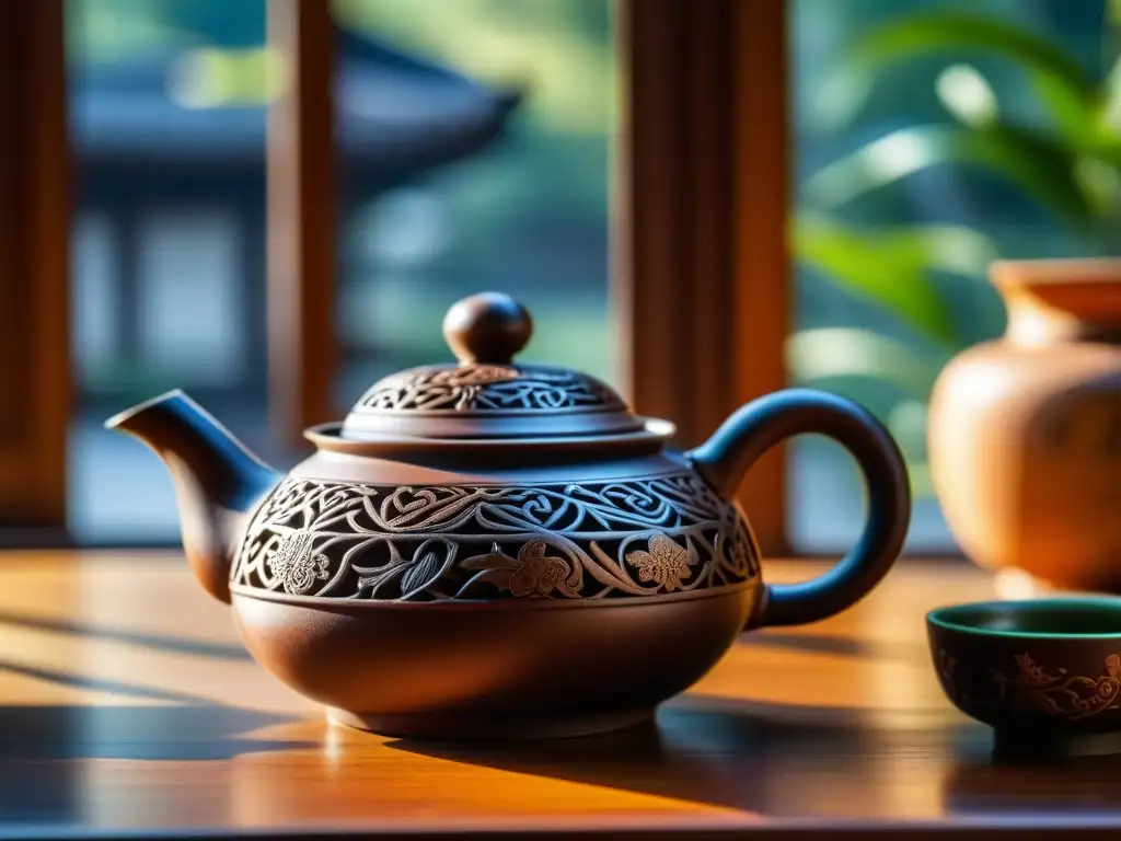 Una tetera de arcilla Yixing china detallada, rodeada de hojas de té suelto y una taza humeante, evocando ceremonias históricas