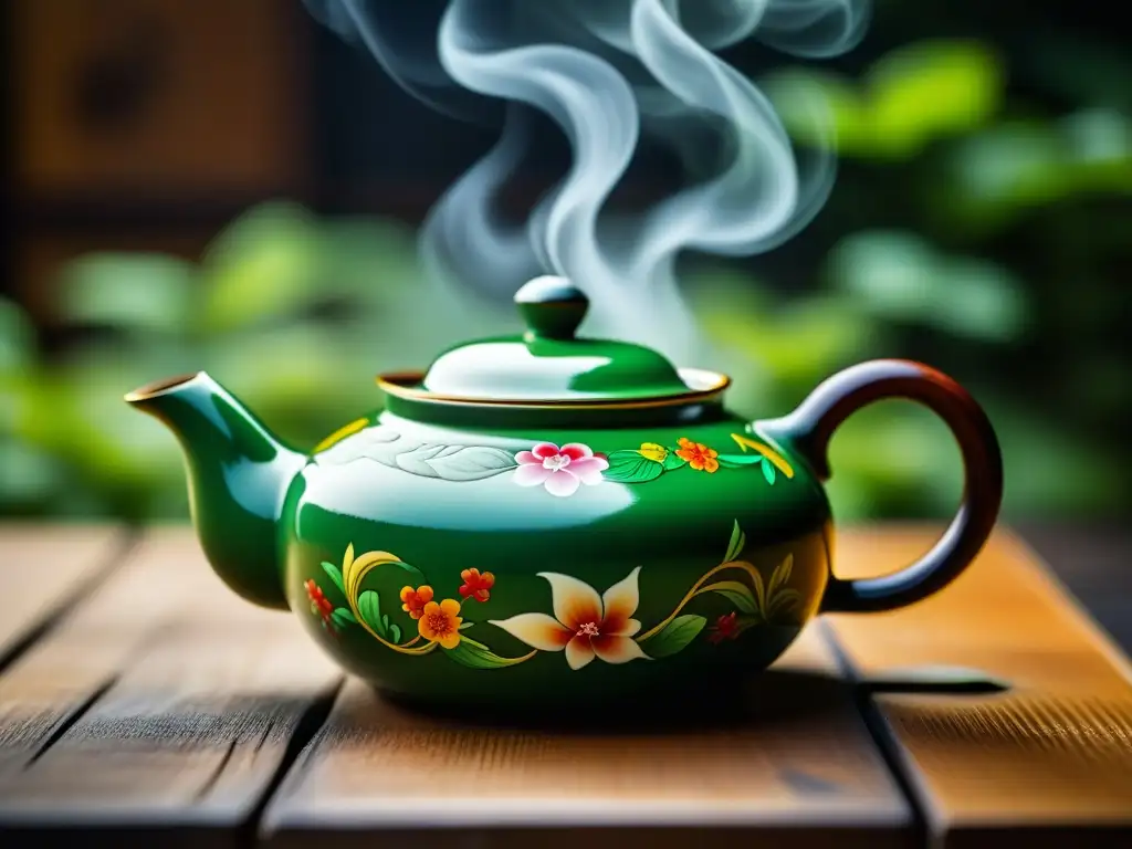 Una tetera china tradicional detallada, con diseños florales pintados a mano, sobre mesa de madera, evocando la evolución de las ceremonias de té