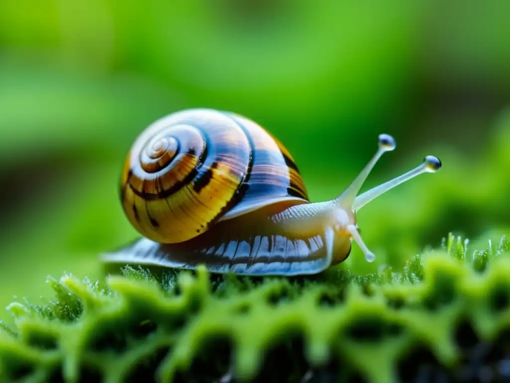 El texto ALT es: 'Detalle fascinante de un escargot sobre musgo verde, resaltando la historia del escargot en cocina'