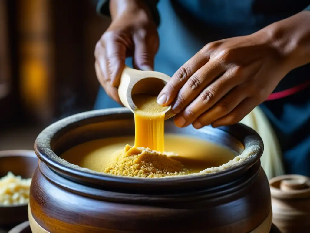 Preparación tradicional del té de mantequilla tibetano: ritual y texturas El texto ALT es: Detalle de preparación de té mantequilla tibetano en un batidor de madera, resaltando la historia cultural de los tés inusuales