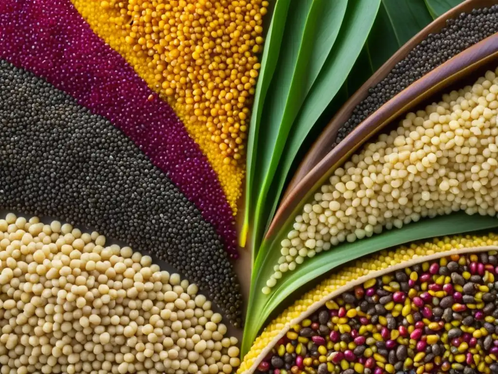 Textura y color de granos de quinoa, amaranto, chía y cacao, reflejando la riqueza de la cocina precolombina en la gastronomía mundial