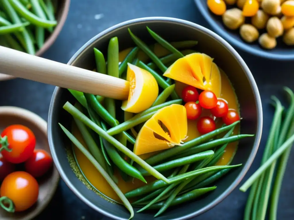 Textura y color de ingredientes recién molidos para Som Tam, resaltando el origen e influencia cultural de esta ensalada tailandesa