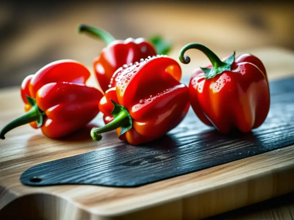 Textura y color de pimientos Scotch bonnet rojos con gotas de agua en tabla de madera rústica