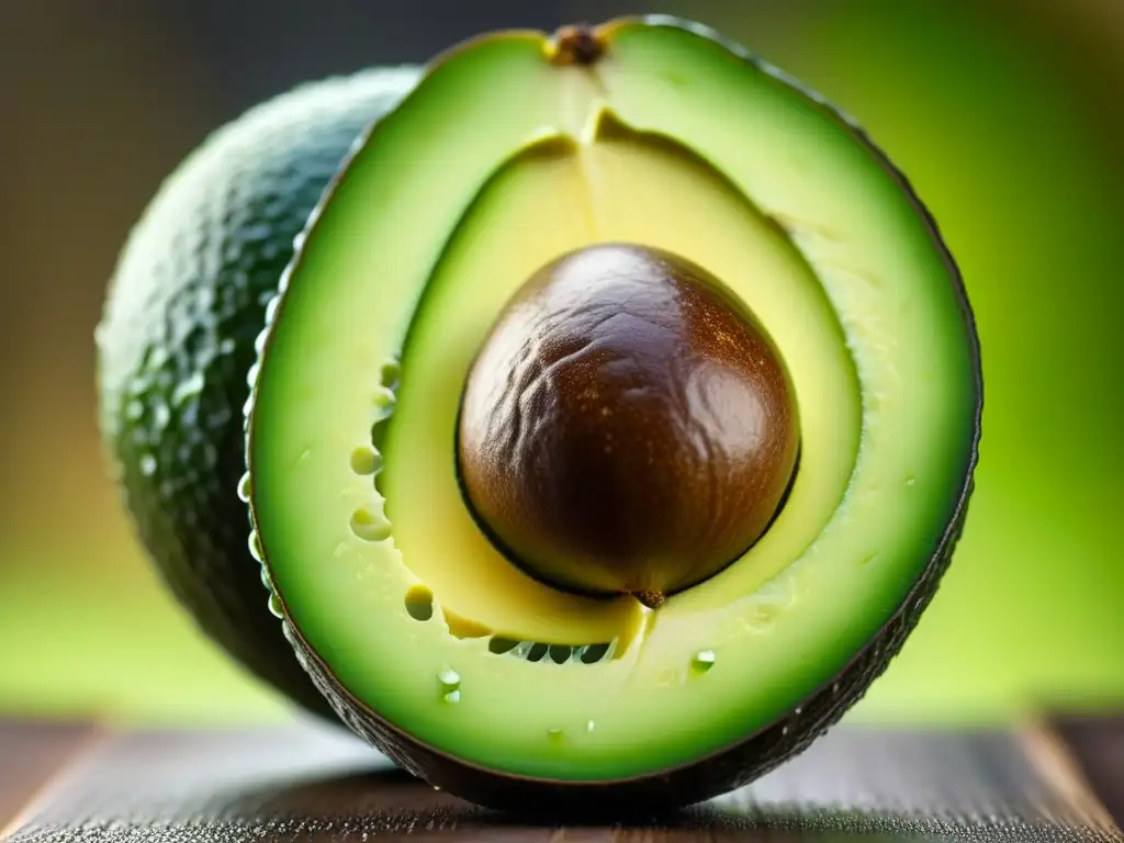 Textura cremosa y color vibrante de un aguacate maduro, resaltando los beneficios del aguacate en la cocina azteca