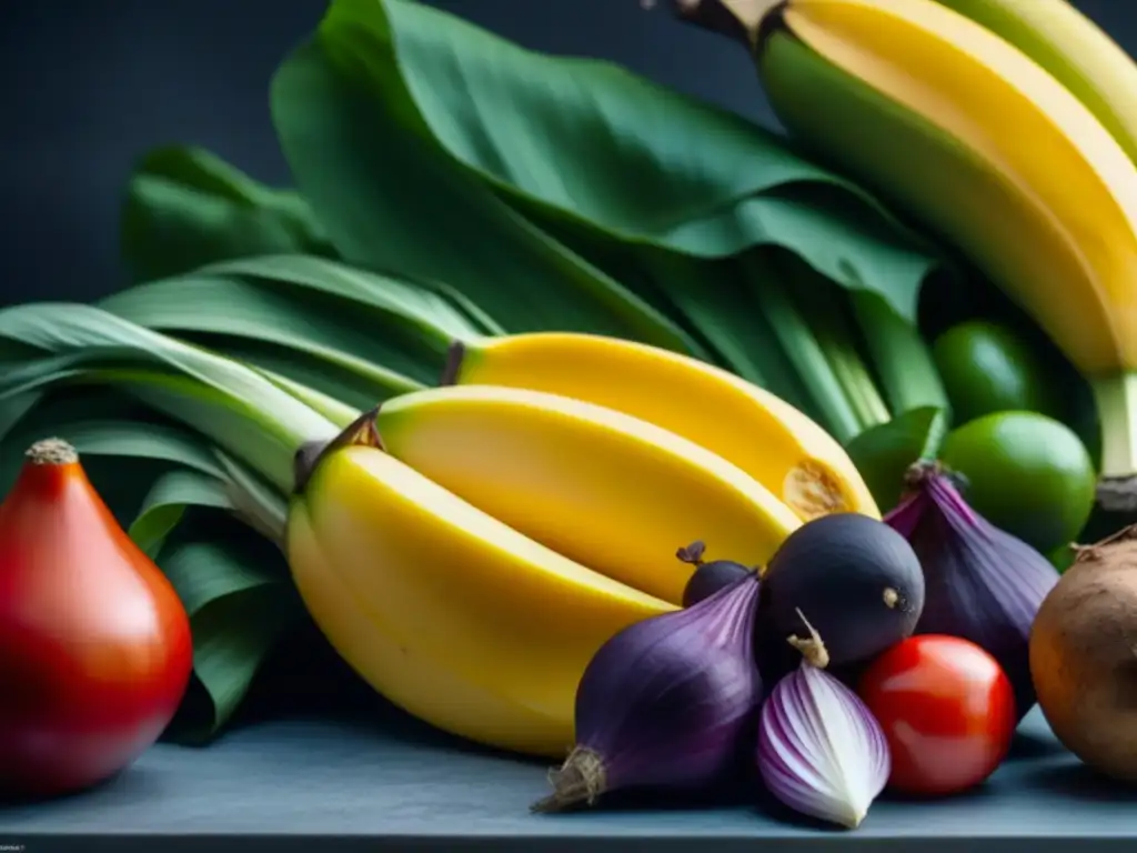 Textura detallada de plátanos y yuca maduros, colores vibrantes bajo luz natural