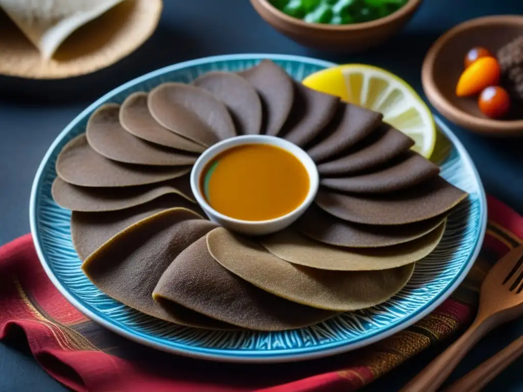 Textura detallada de un plato tradicional etíope, injera, destacando sus burbujas y líneas