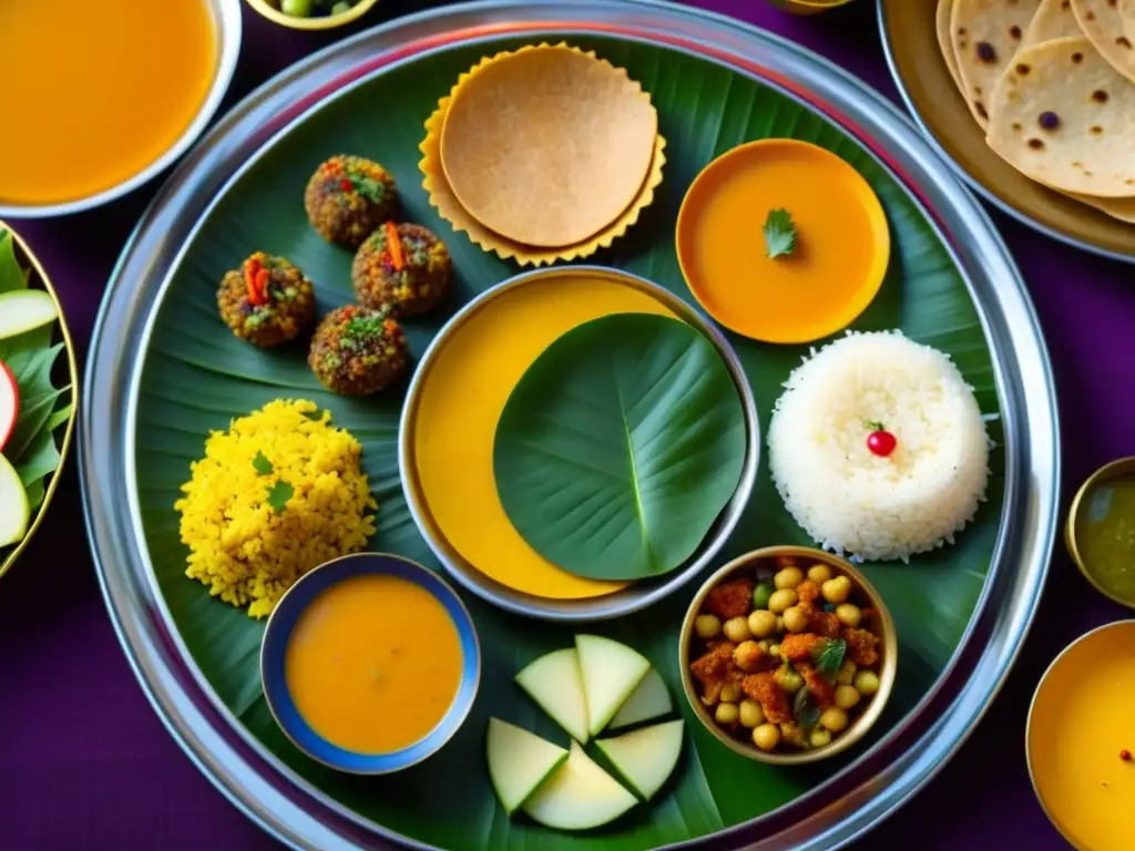 Un thali de Navaratri con recetas históricas vegetarianas vibrantes y aromáticas