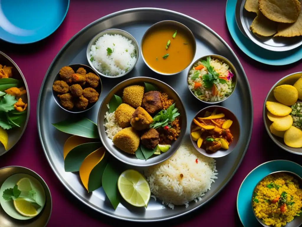 Un Thali de recetas históricas culturas: un festín vibrante y detallado de platos surasiáticos en un plato de metal