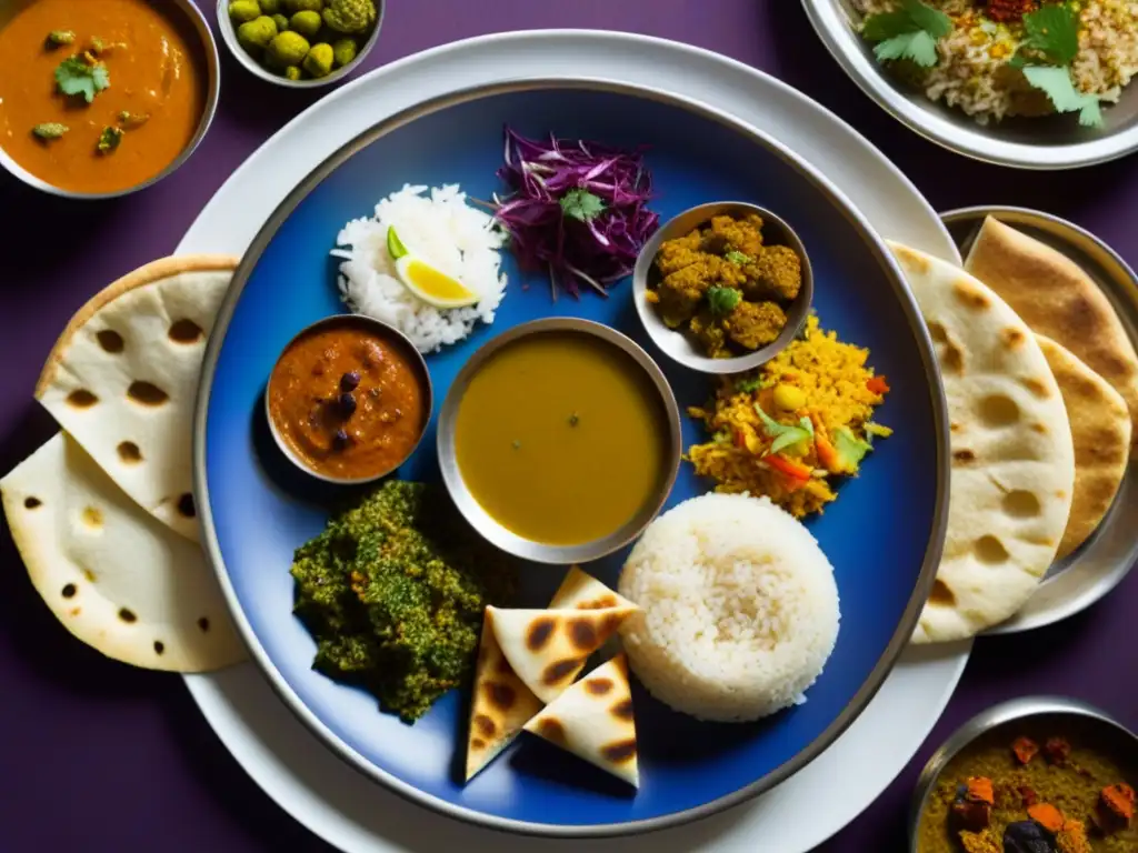 Un thali tradicional de la India con una variedad colorida de curry, arroz, pan y chutneys, mostrando detalles intrincados y especias vibrantes