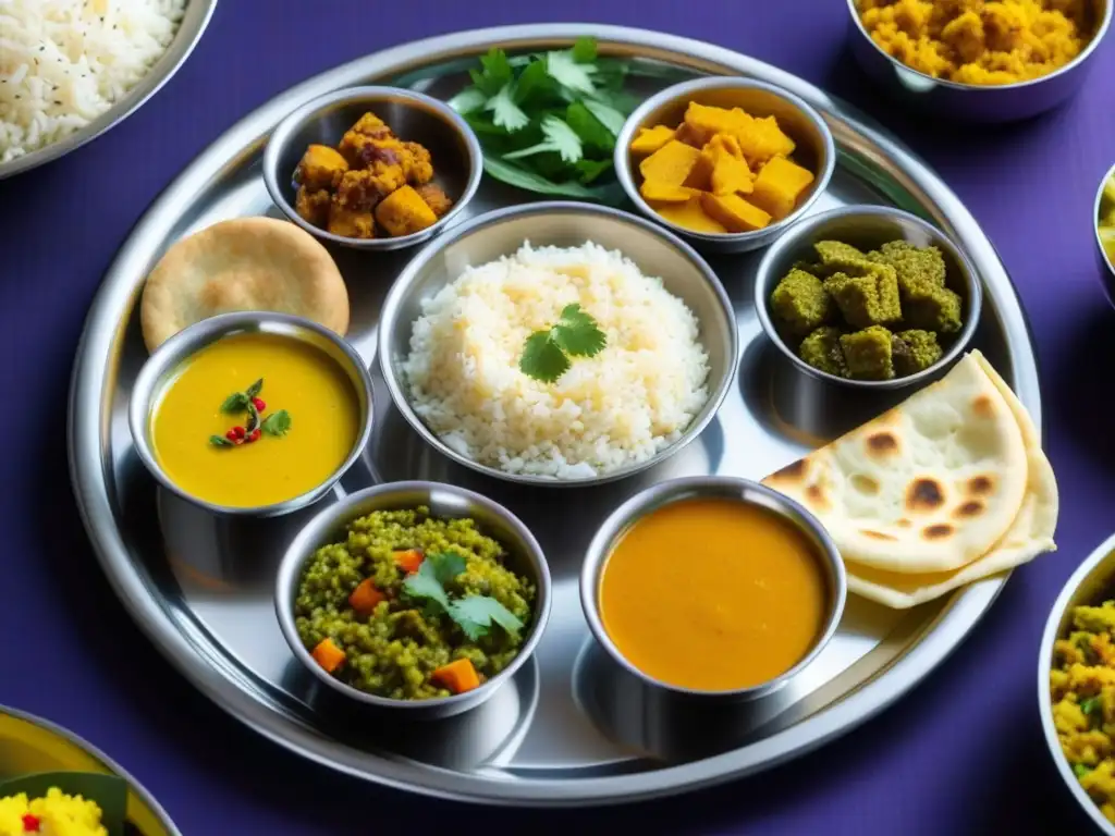 Un thali vibrante con recetas históricas cultura Ram Navami: arroz con azafrán, puris, dal, curry de papa, paneer, raita, chutney y coriandro fresco