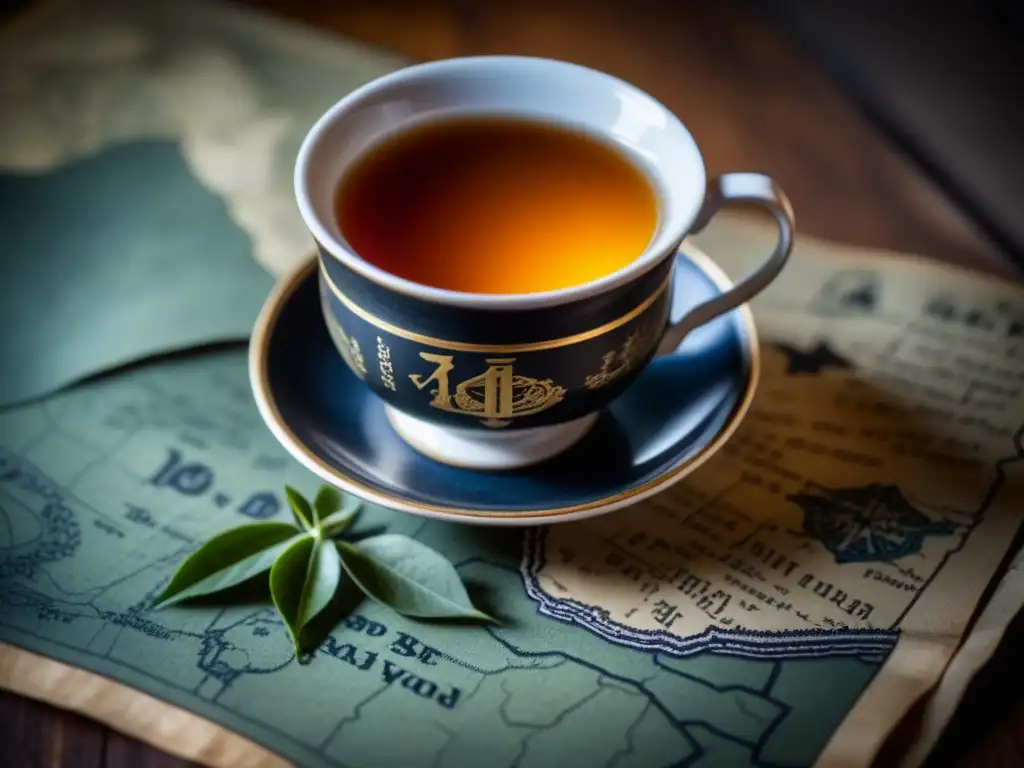 Té en tiempos de guerra: taza vintage con té oscuro sobre mapa antiguo con símbolos militares, hojas esparcidas