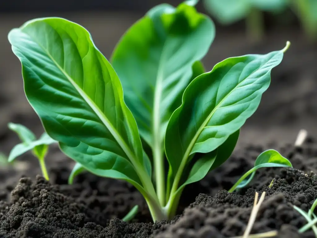 Tiernas hojas de espinaca emergen de la tierra oscura en un jardín improvisado, mostrando la autonomía alimentaria en tiempos de guerra