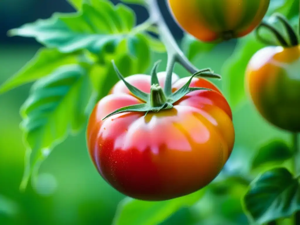 Tomate ancestral brillante en huerto familiar de los años 30, simbolizando la importancia de la alimentación y la tradición agrícola