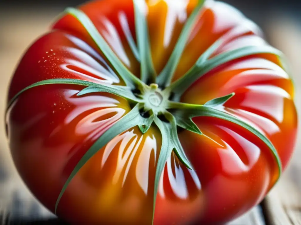 Tomate ancestral del Renacimiento: detalle vibrante y textura glistening en tabla rústica