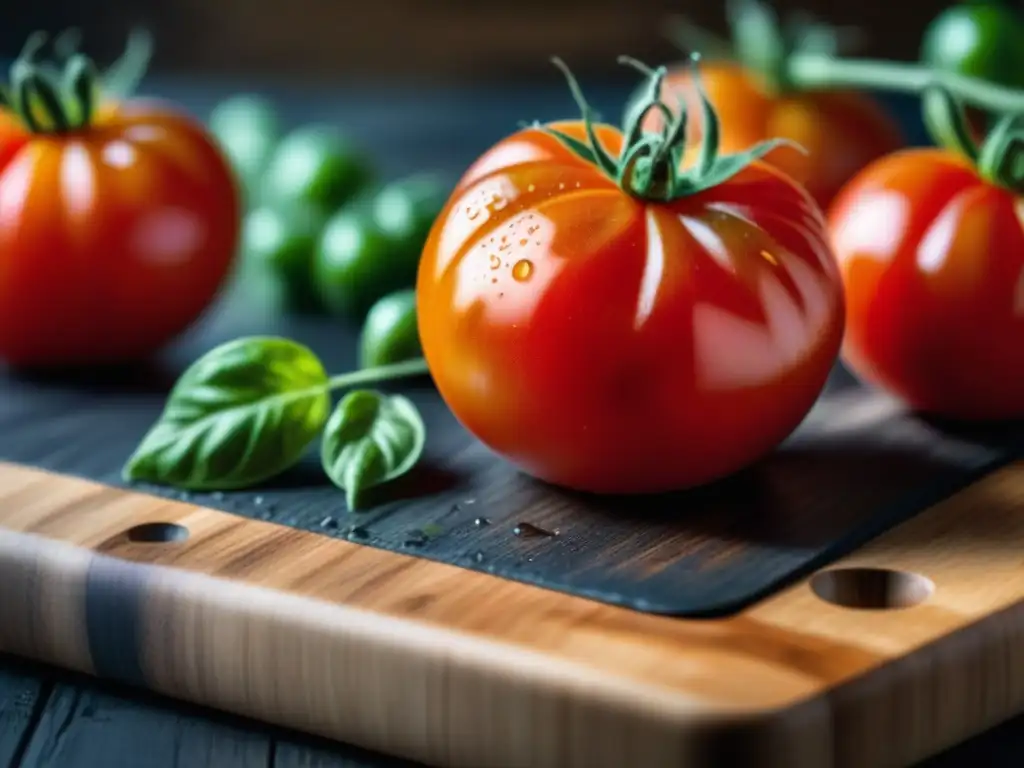 Una tomate heredado fresco y vibrante sobre tabla de corte, con detalles e imperfecciones naturales