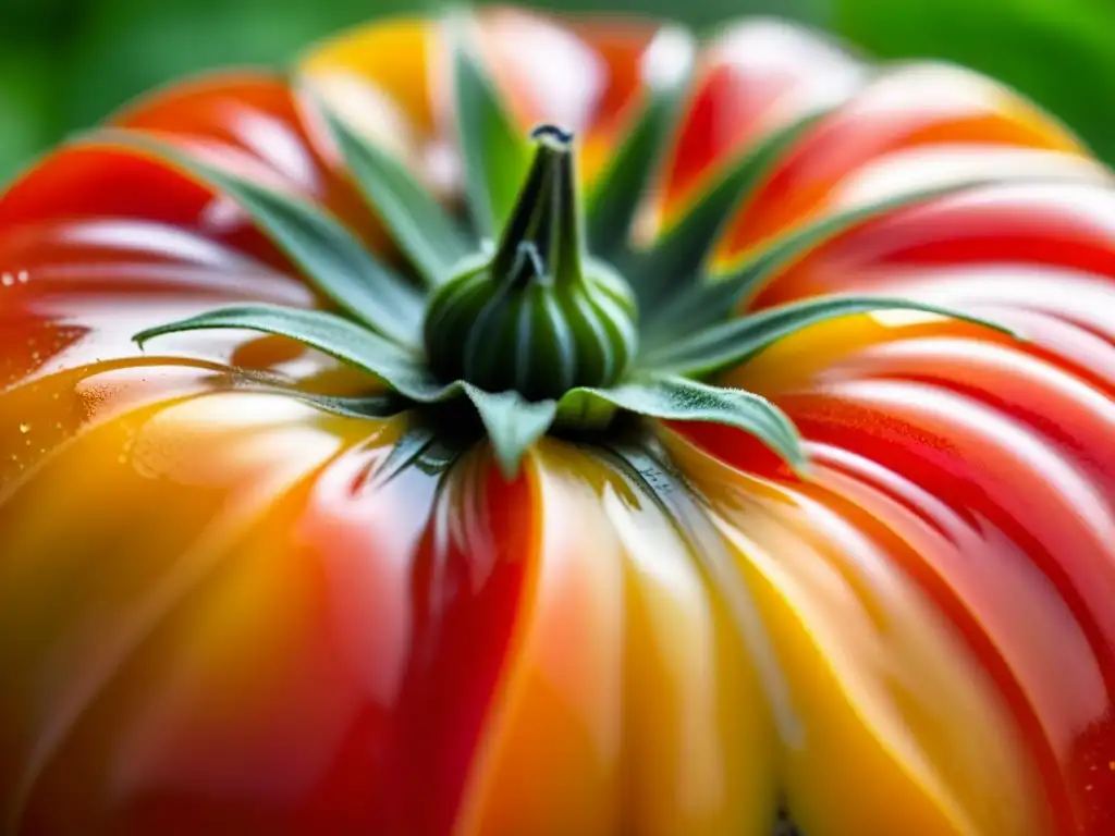 Un tomate herencia vibrante, detallado y fresco, resalta la belleza de la naturaleza