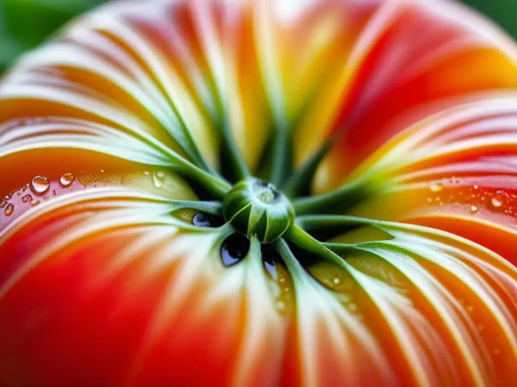 Una tomate hermoso y maduro con patrones intrincados, colores vibrantes y textura brillante, bañado por la luz suave de un jardín