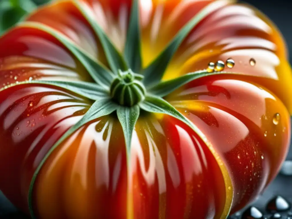 Una tomate hermoso de la permacultura en gastronomía ancestral, con patrones y texturas detalladas, brillando bajo el sol