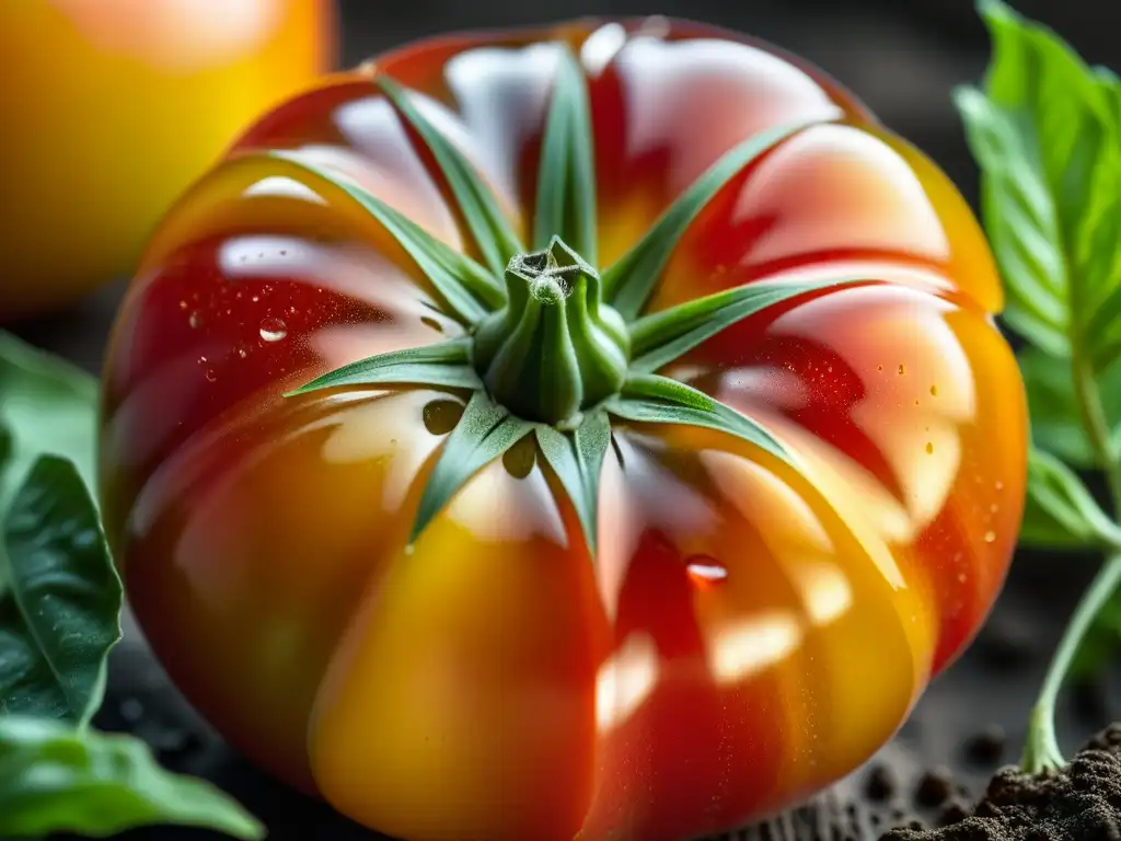 Tomate histórico recién cosechado, con colores vibrantes y patrones intrincados, en un entorno natural exuberante