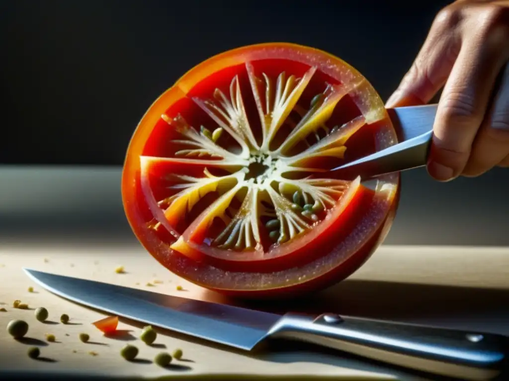 Tomate italiano vibrante siendo cortado, revelando su jugoso interior rojo bajo luz natural